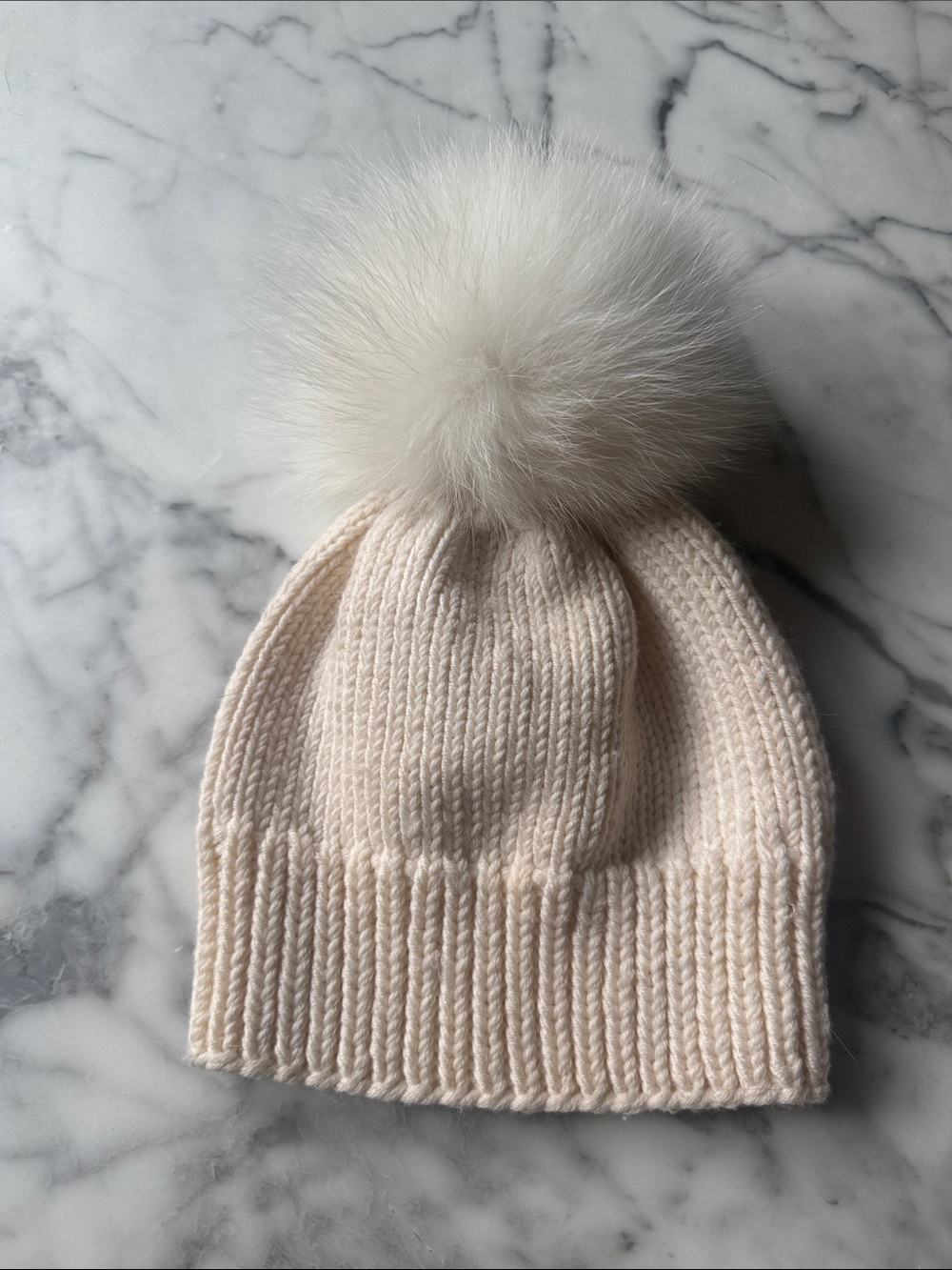 Girls Merino Wool Hat Real Fur Pom Pom Ivory Cream Size 4/5